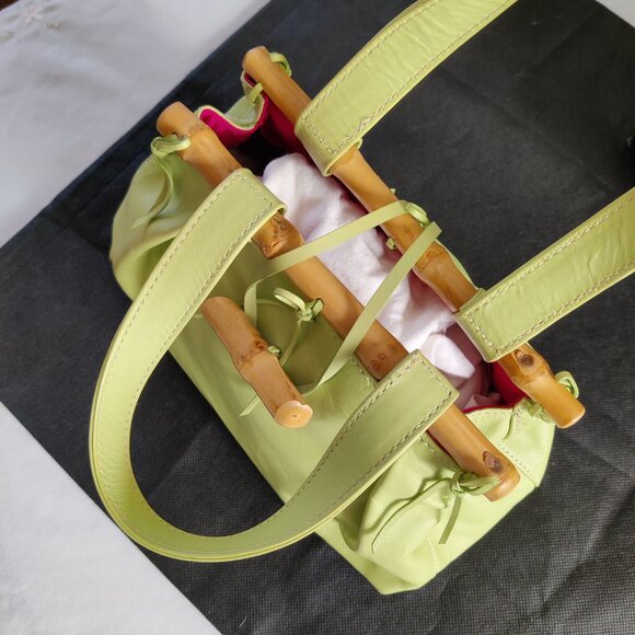 Hype Genuine Leather Bamboo Satchel Bag ~Gorgeous Lime Green Color - Picture 5 of 13